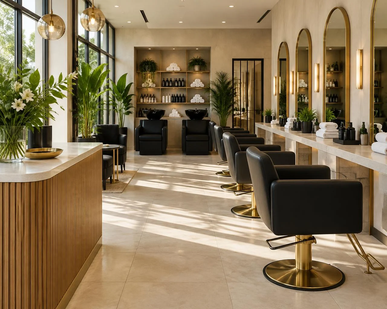 Sunlit salon inspiration with gold mirrors, greenery and comfortable styling chairs