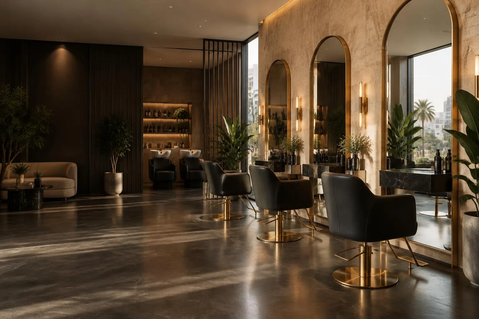 An inviting salon interior with warm lighting and elegant mirrors